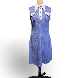 VINTAGE 60a 70s nautical sailor‎ midi shift dress dagger disco collar sleeveless